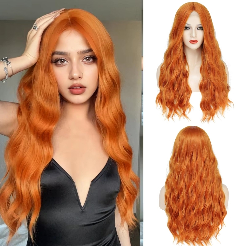 26” Long Wavy Wig‎ • Bright Orange • Middle Part • Heat Resistant • New